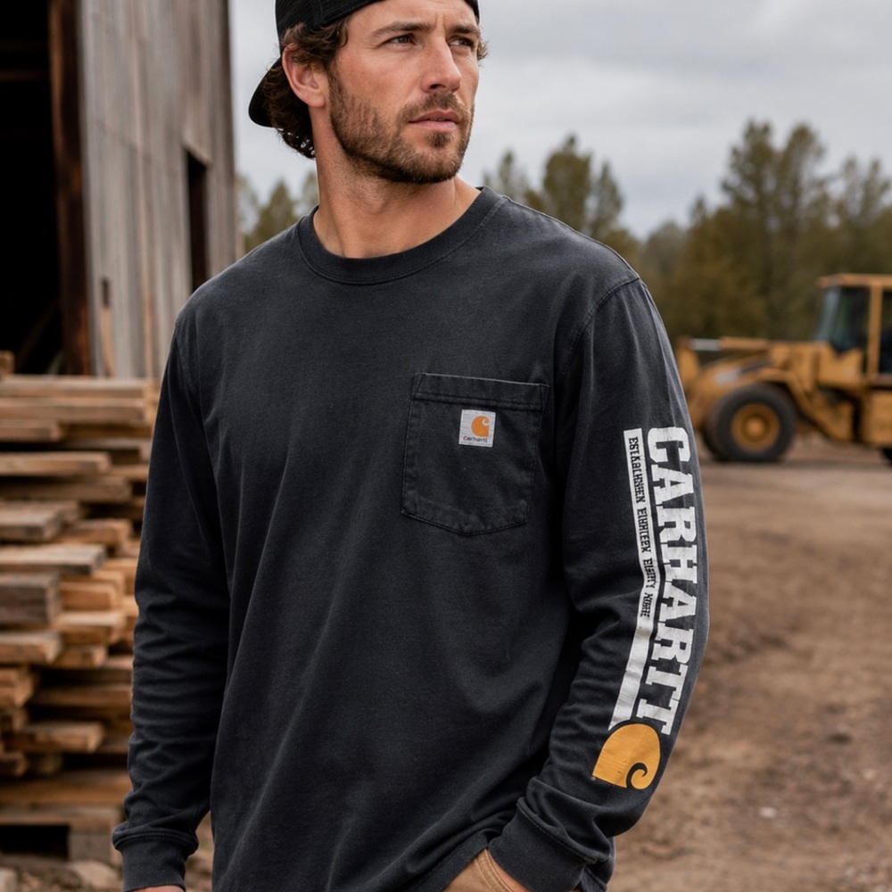 CARHARTT Mens Black Original Fit Longsleeve Crewneck Shirt Graphic Workwear